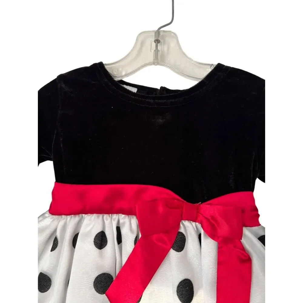 Wonder Kids Dress Girls Size 3T Soft Black White Velvet Polka Dot Red Bow